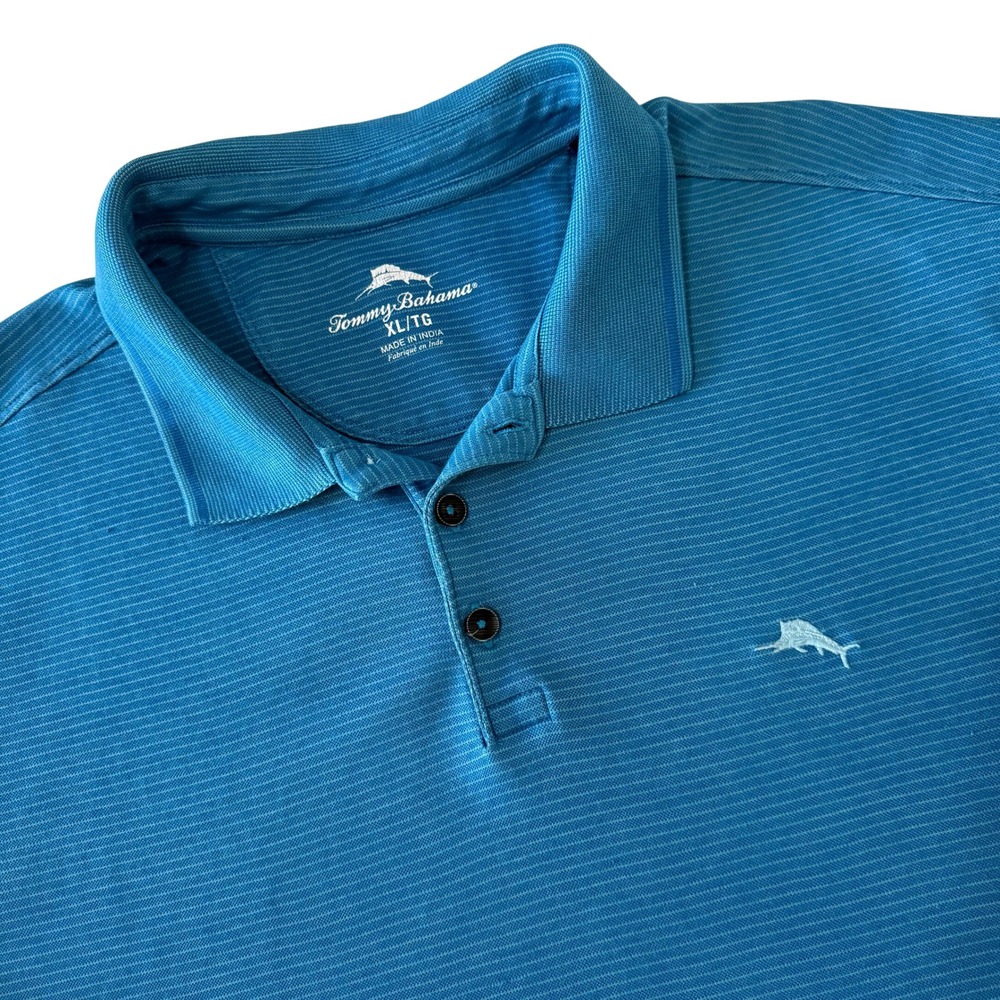 Tommy Bahama Mens XL TG Blue Short Sleeve Polo Shirt Embellished Fish Logo